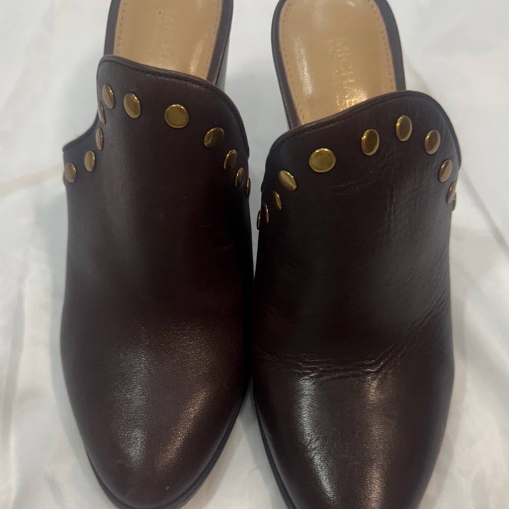 Michael Kors Dark Brown Leather Mules | Gold Studded Detail | Size 7.5